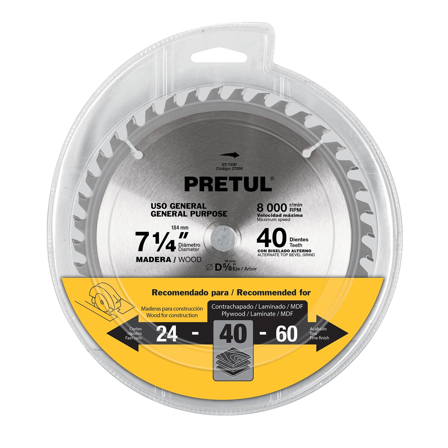 ST-740P Disco sierra p/madera 7-1/4',40 dientes ,centro 5/8', Pretul