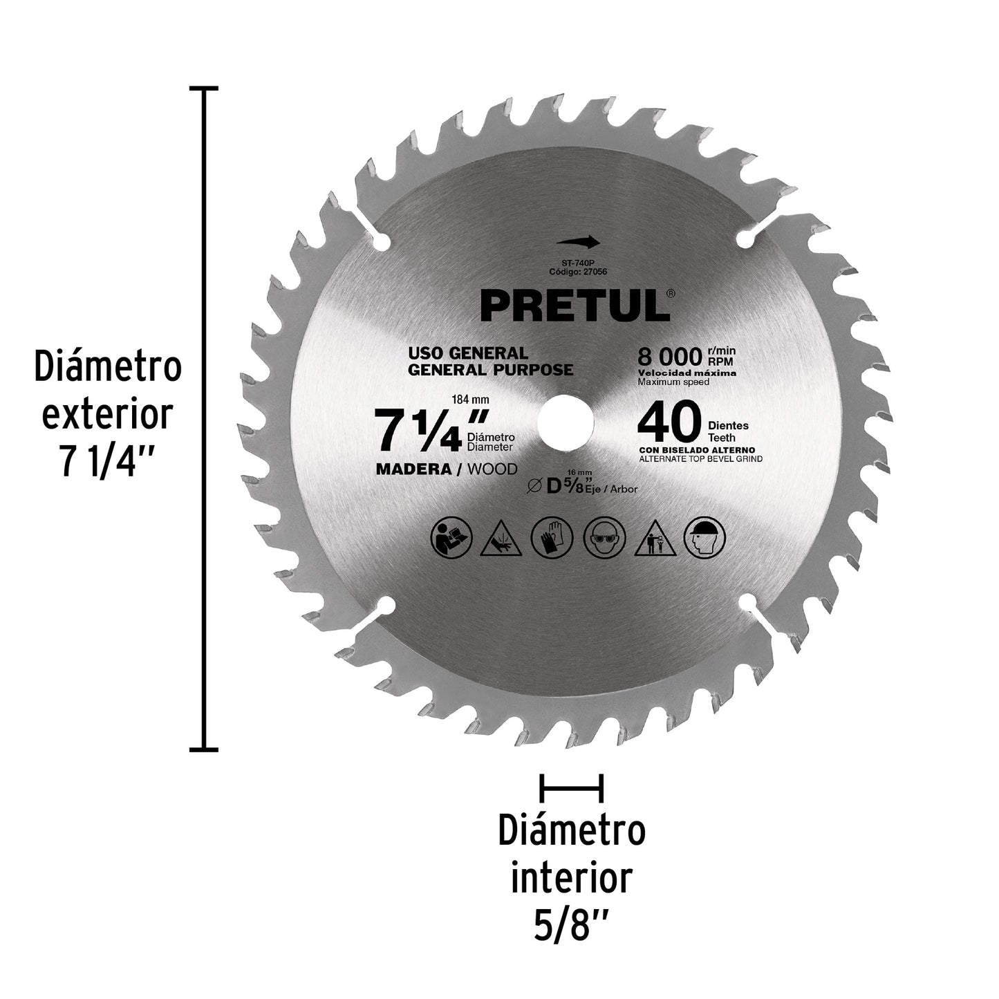ST-740P Disco sierra p/madera 7-1/4',40 dientes ,centro 5/8', Pretul