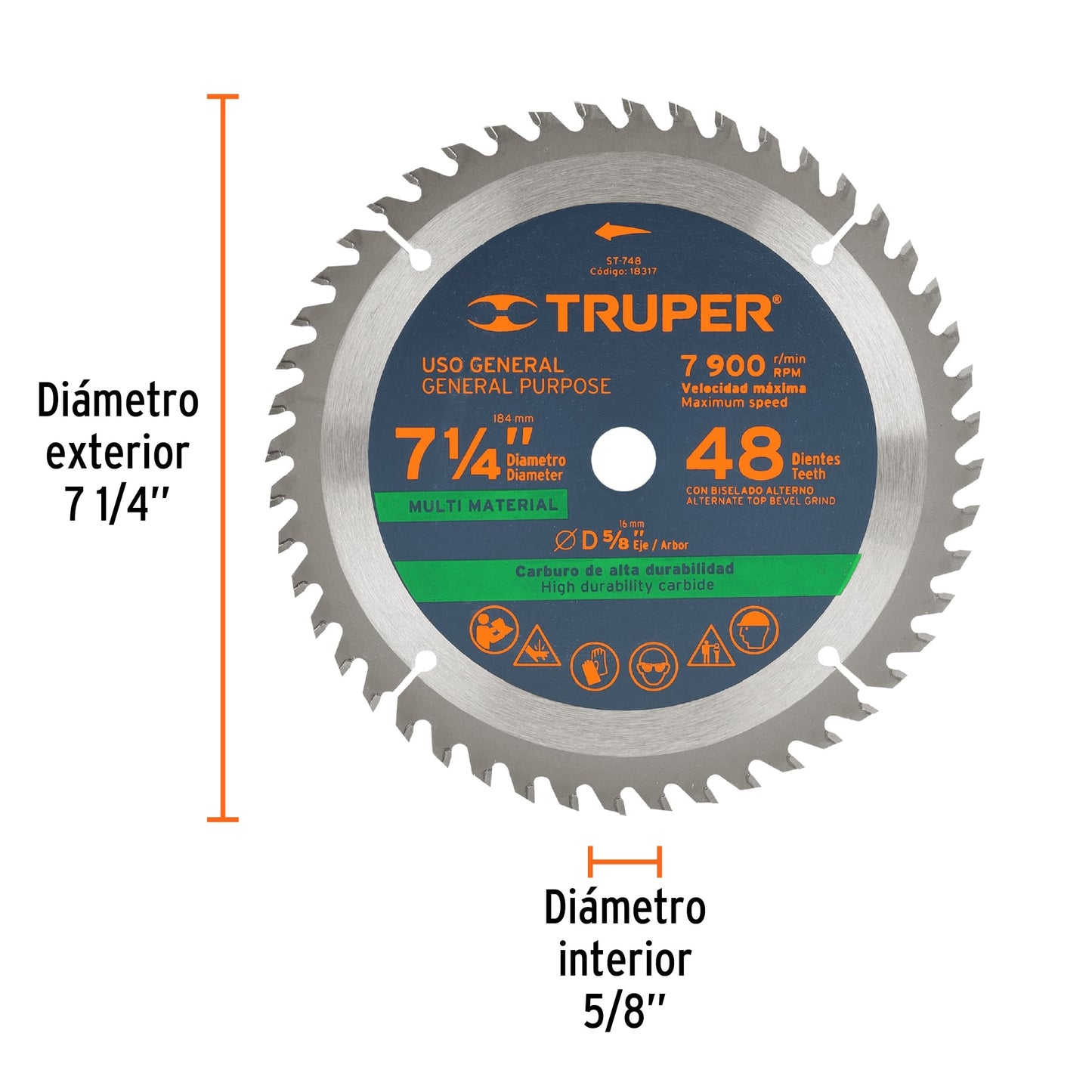 ST-748 Disco sierra p/plástico 7-1/4', 48 dientes, centro 5/8"