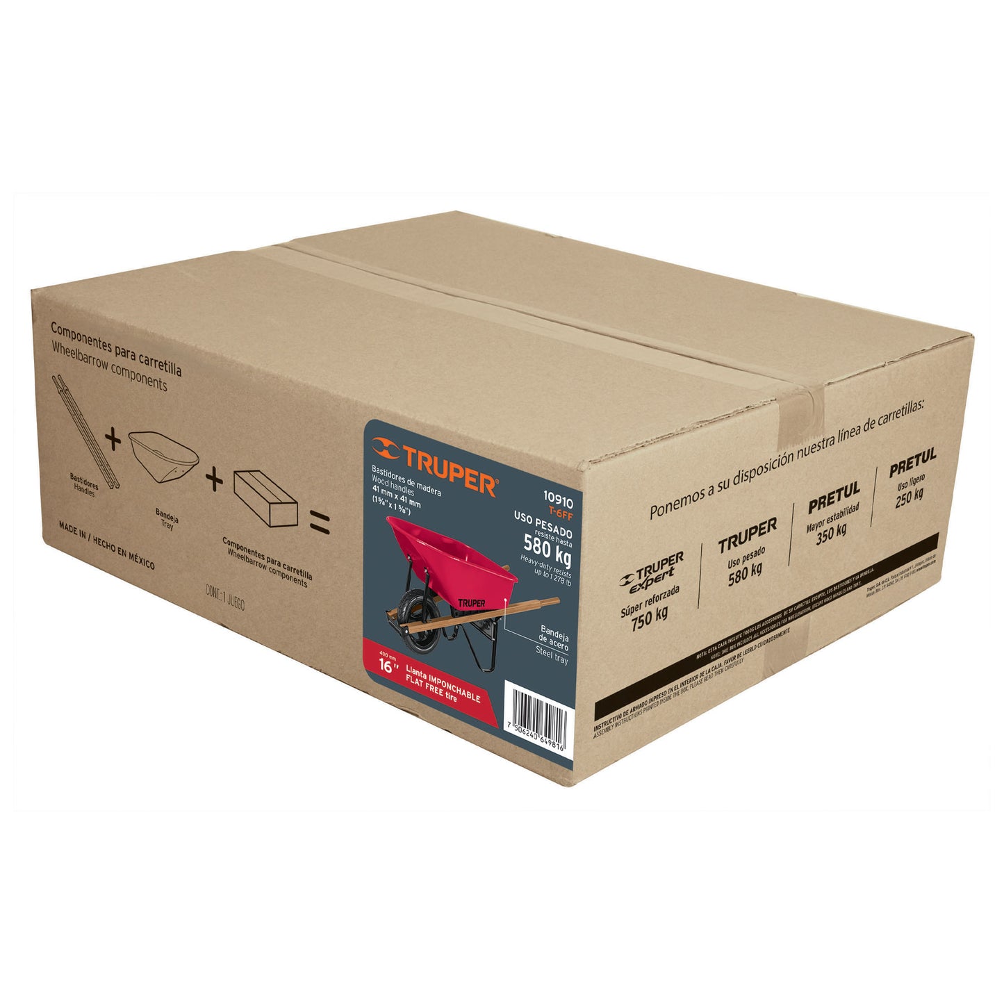 T-6FF-CO Carretilla 6 ft3, mgos/madera 1-3/4", rueda antipinchazo