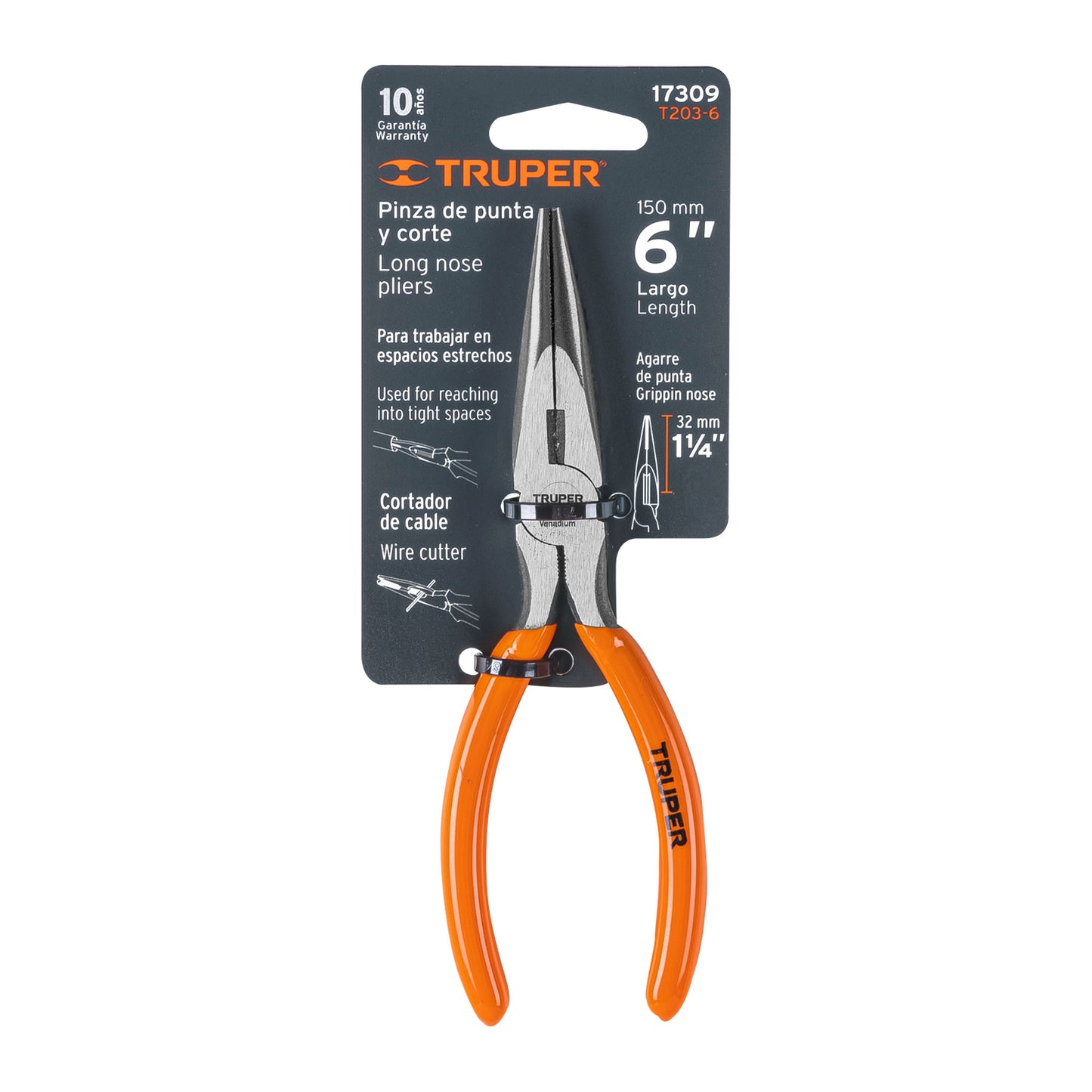 T203-6 Alicate de puntab larga 6", mango de vinil