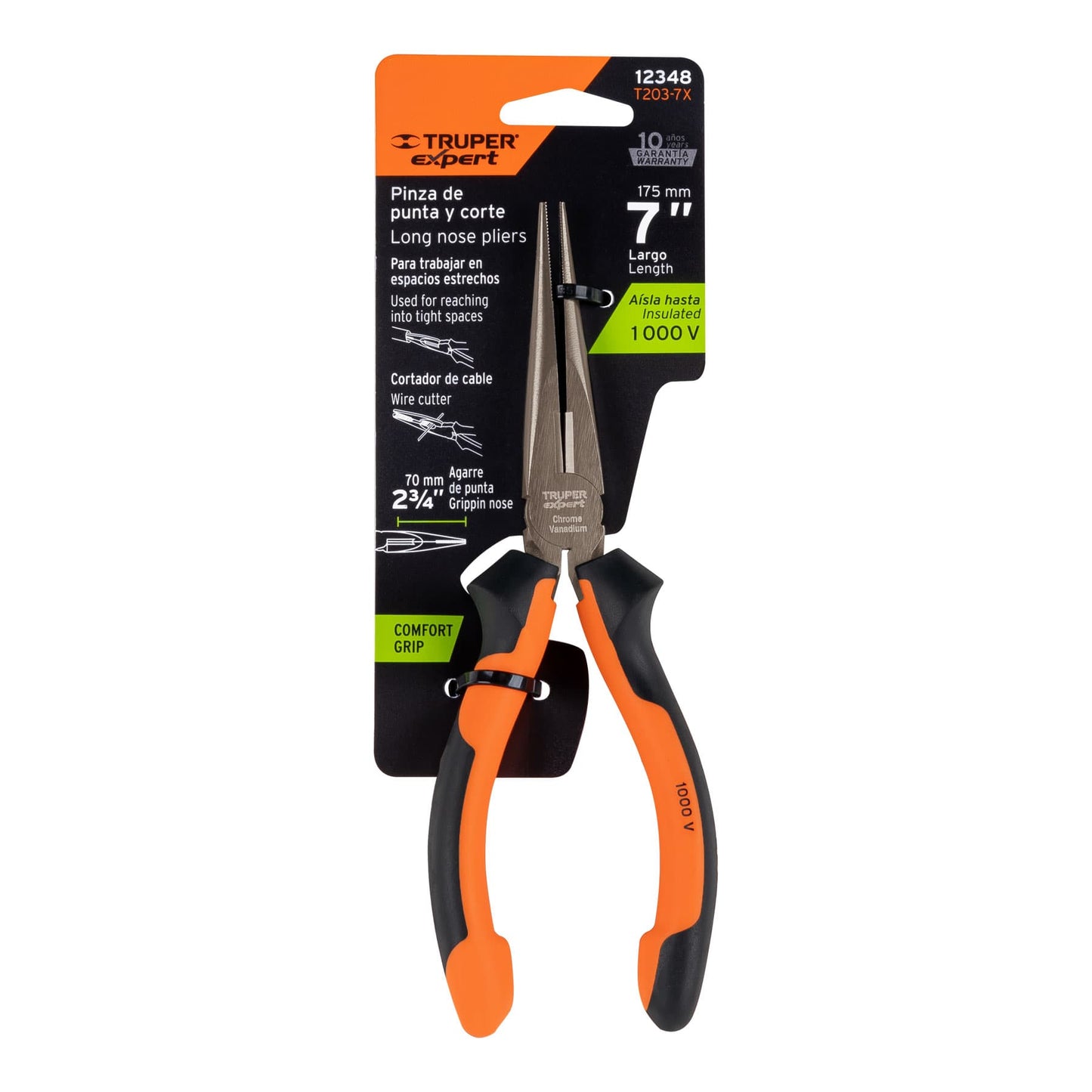 T203-7X Alicate de punta larga 7", mango comfort grip