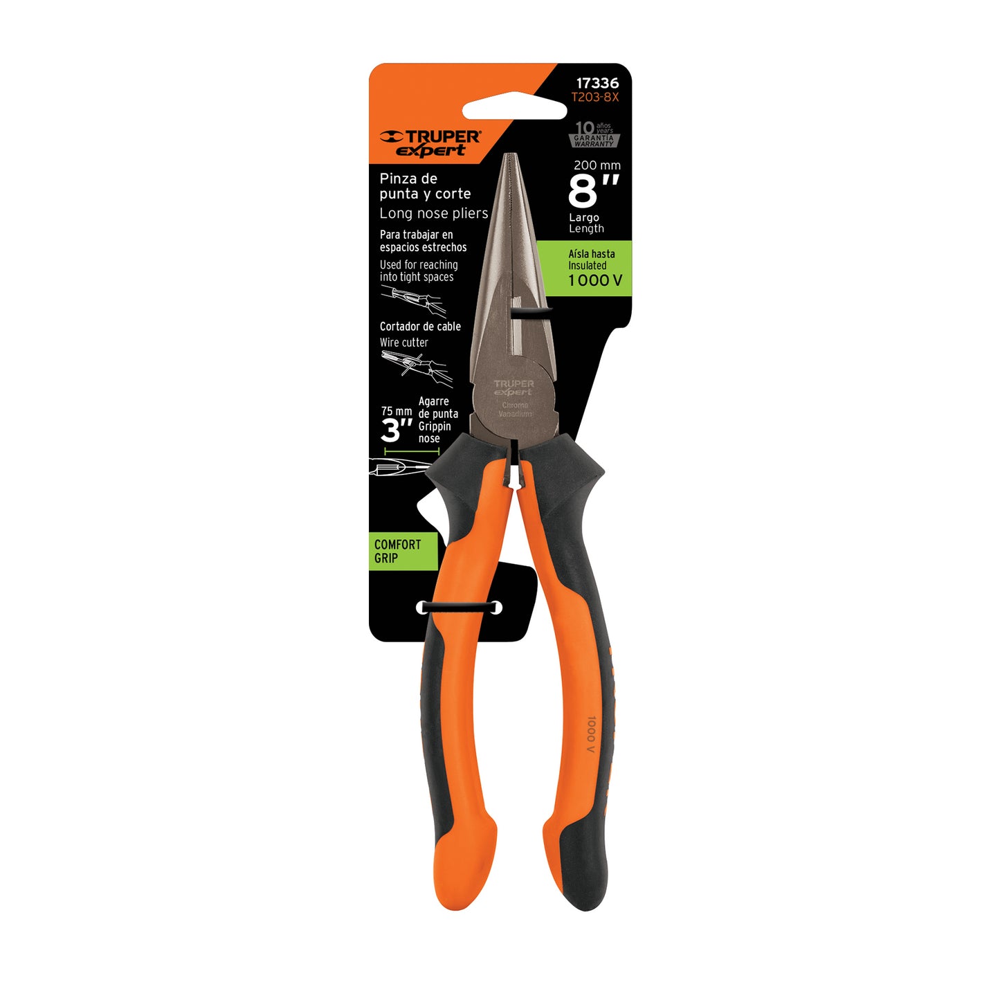 T203-8X Alicate de punta larga 8", mango comfort grip