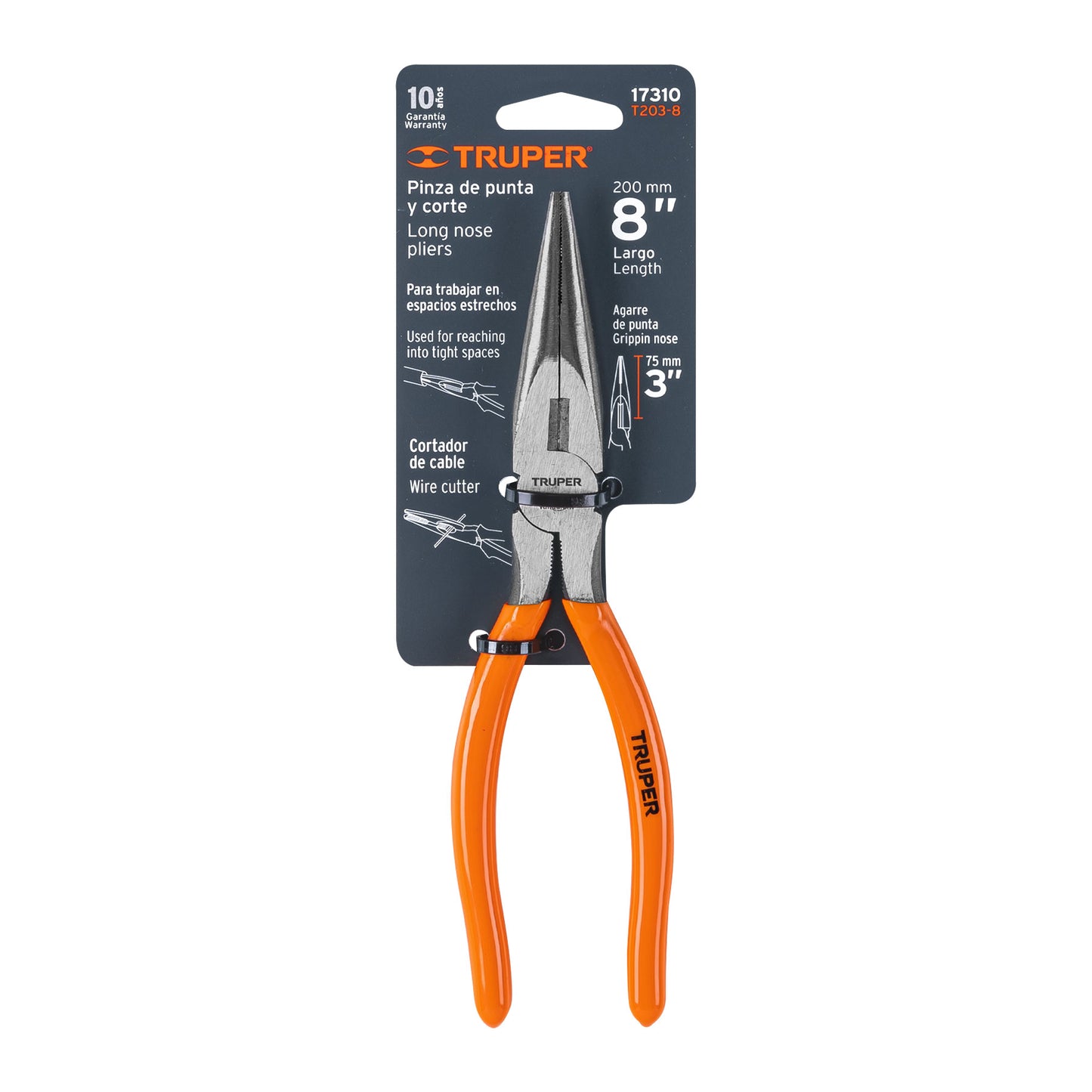 T203-8 Alicate de puntab larga 8", mango de vinil