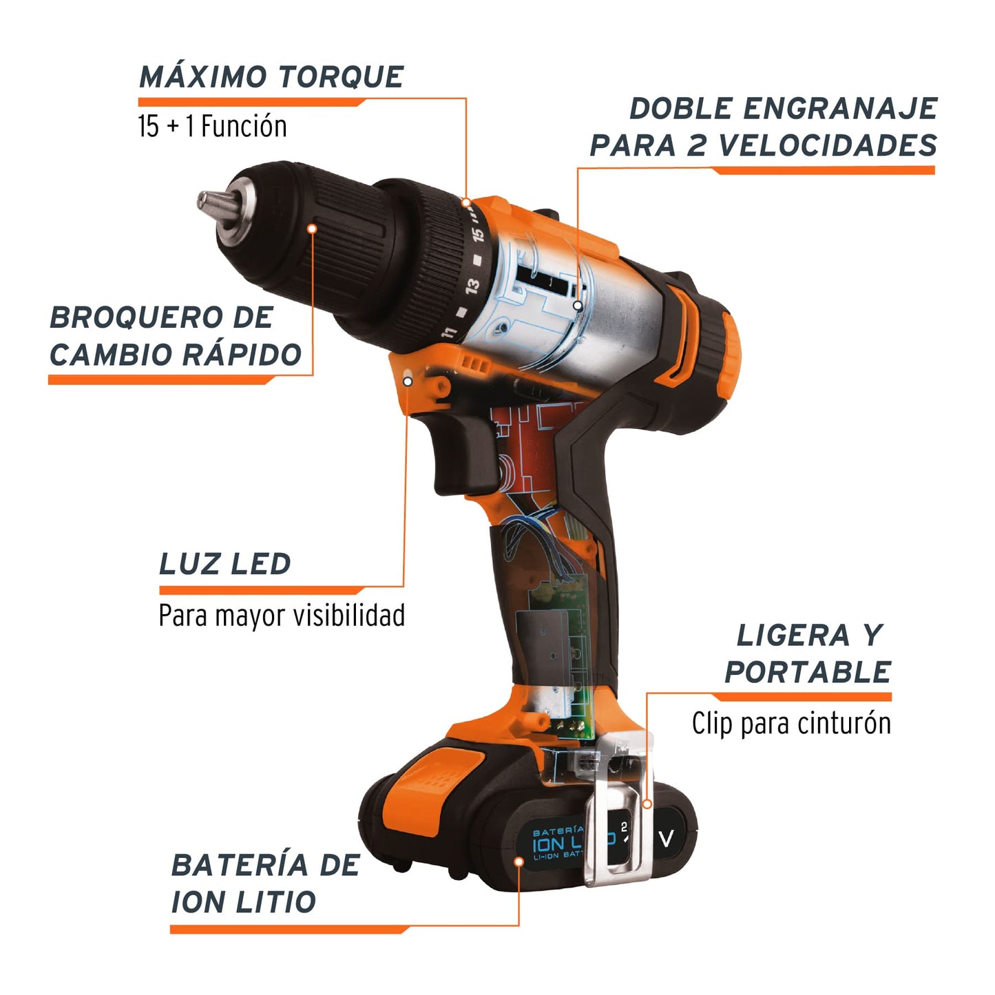 TALI-12A2 Taladro inalámbrico, batería ion litio, 12 V, 3/8"