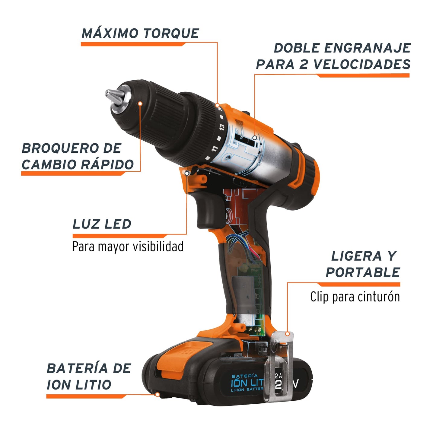 TALI-18A2 Taladro inalámbrico, batería ion litio 18 V, 1/2"