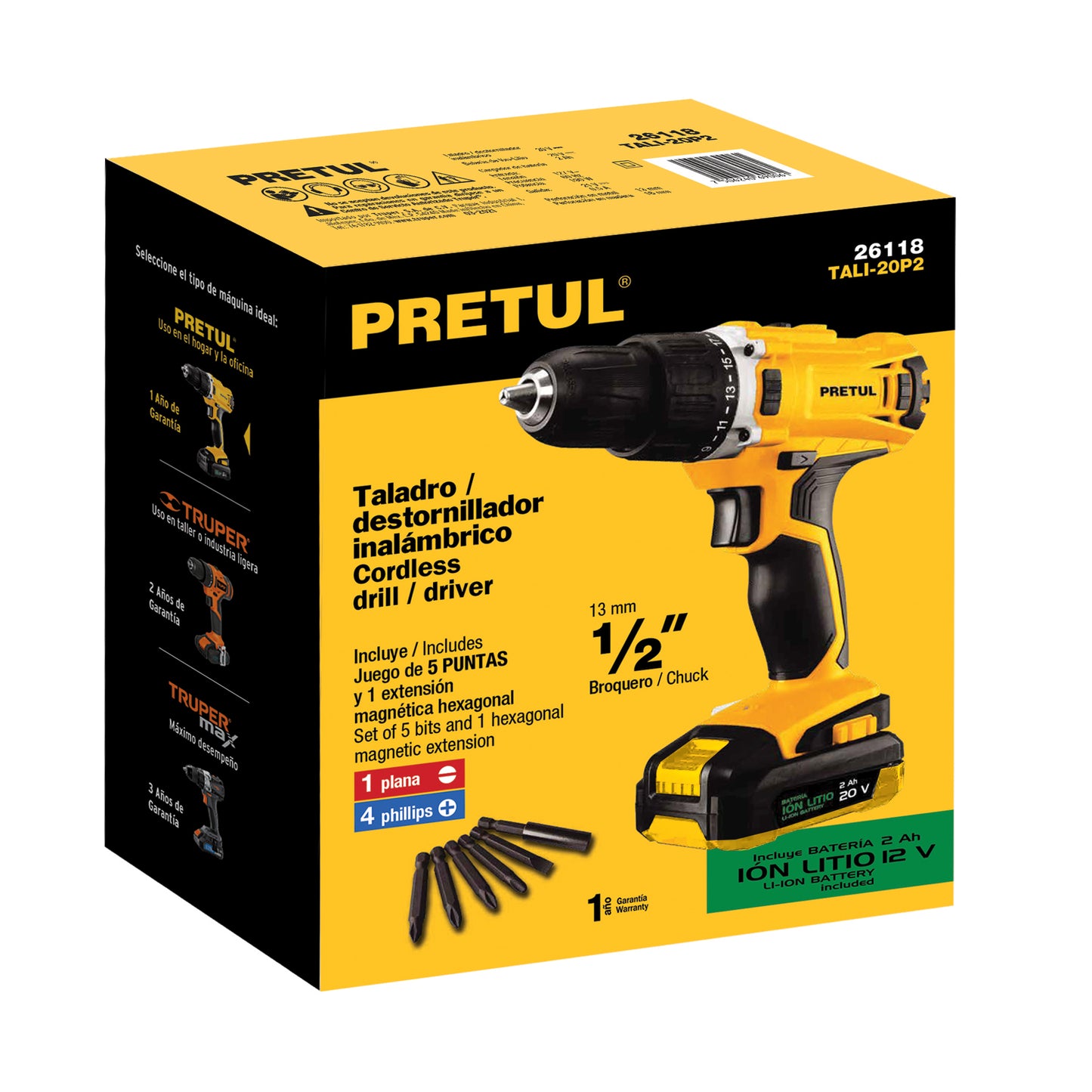 TALI-20P2 Taladro inalámbrico 1/2", batería ion litio 20 V, Pretul