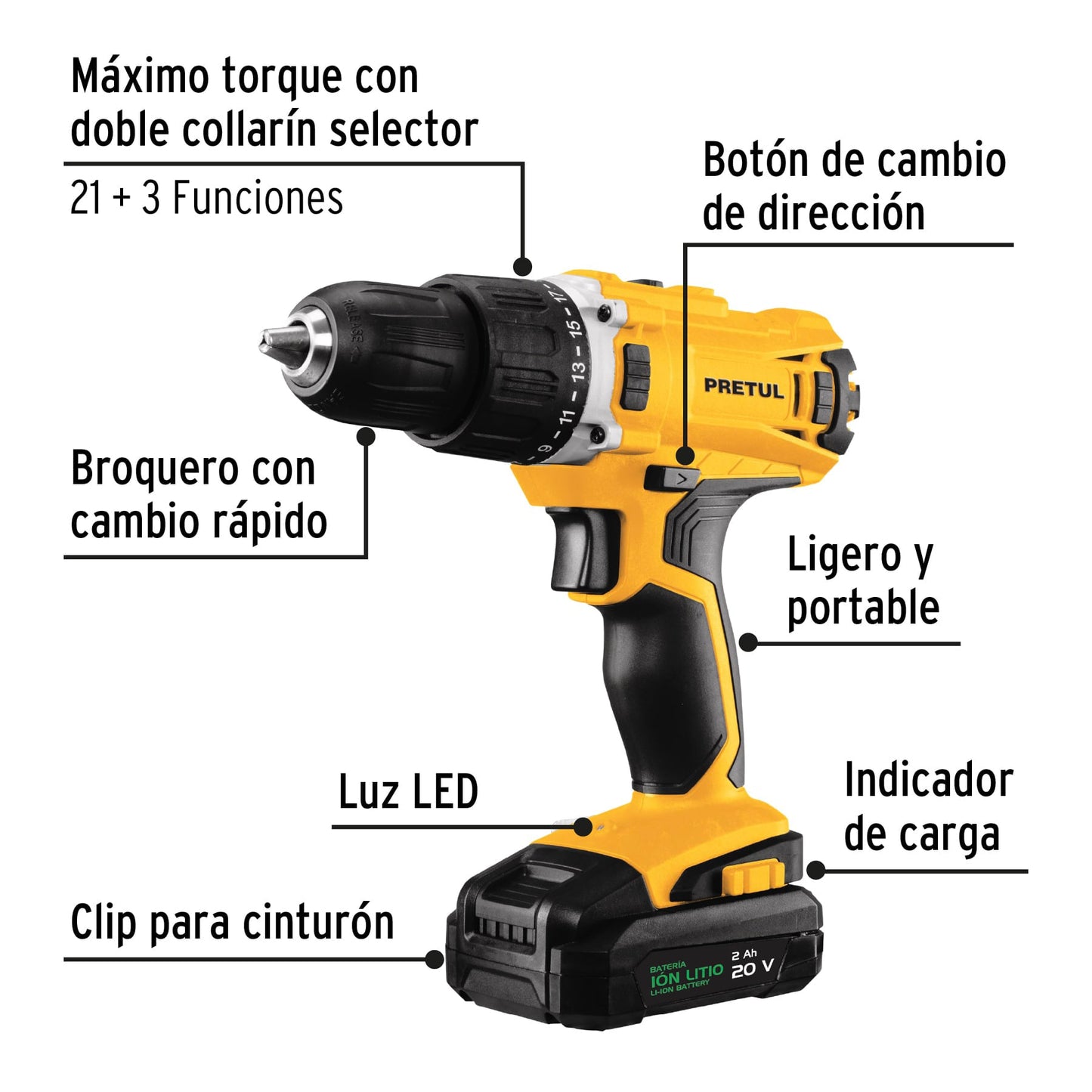 TALI-20P2 Taladro inalámbrico 1/2", batería ion litio 20 V, Pretul