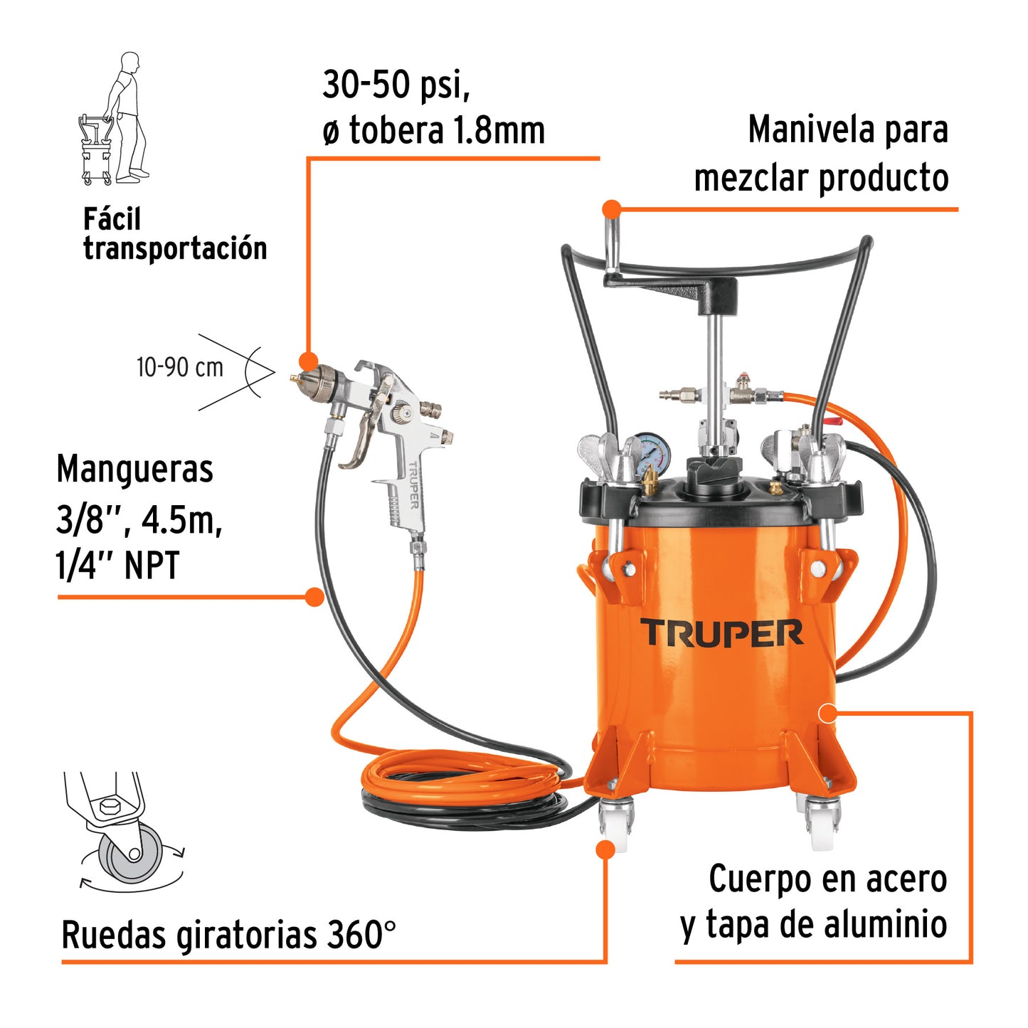 TAN-PI10 Tanque para pintura con manguera y pistola, 10 litros
