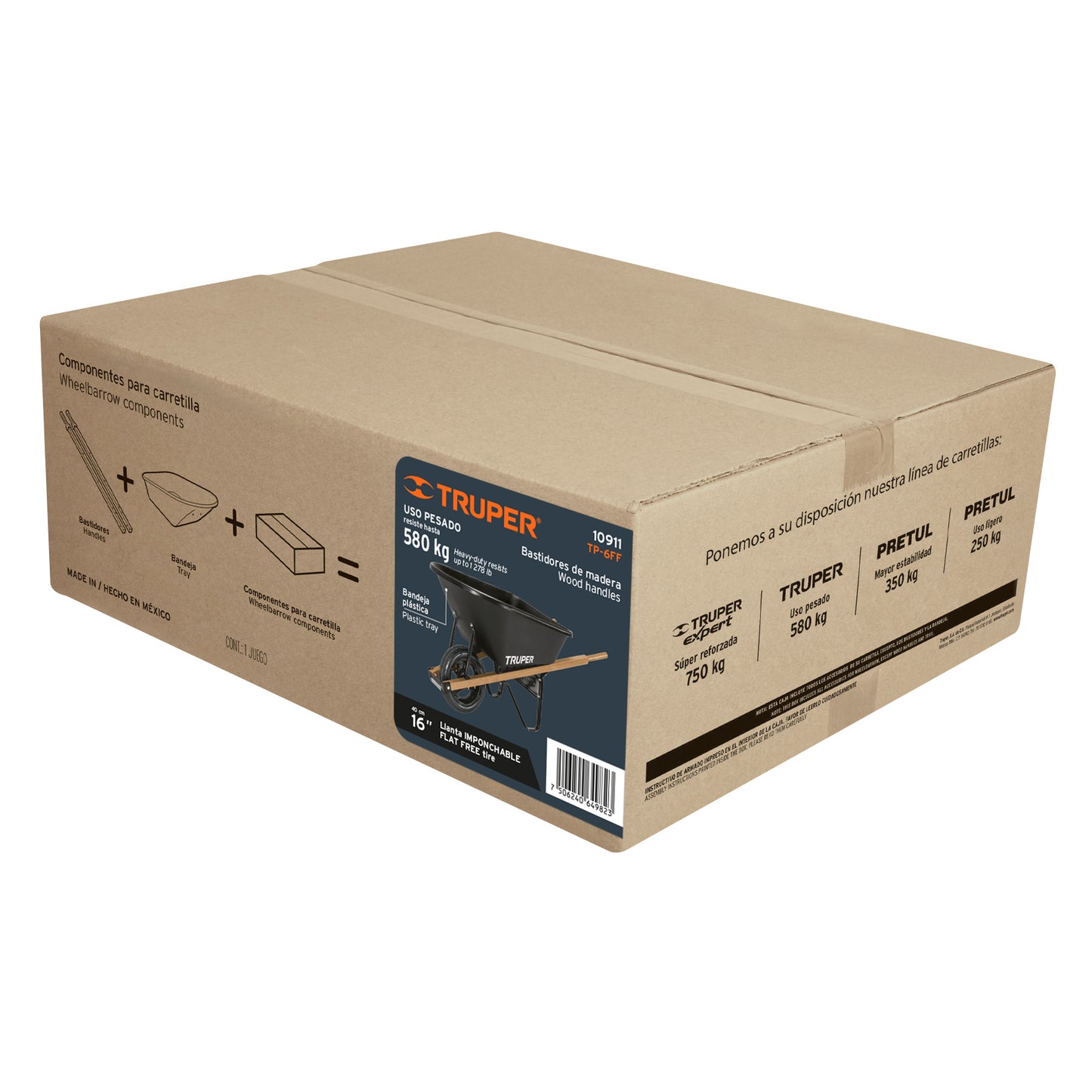 TP-6FF-CO Carretilla 6ft3, platón plástico, mgos/madera 1-3/4", rueda antipinchazo