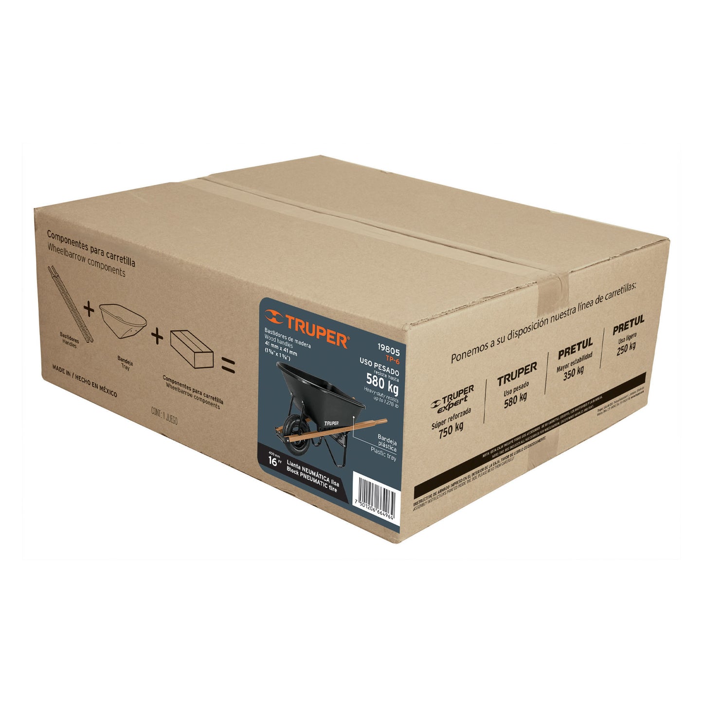 TP-6 Carretilla 6ft3, platón plástico, mgos/madera 1-3/4", rueda neumática