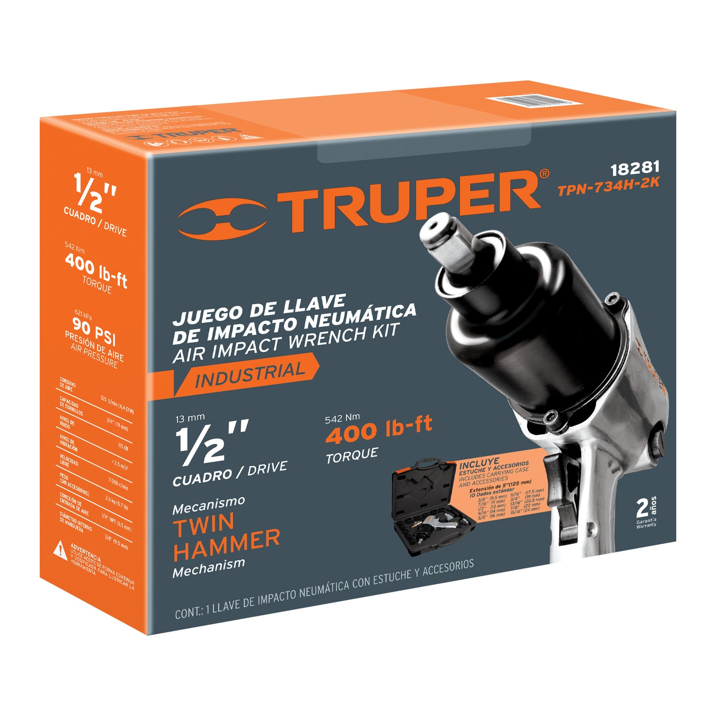 TPN-734H-2K Pistola de impacto neumática, industrial, 1/2" kit