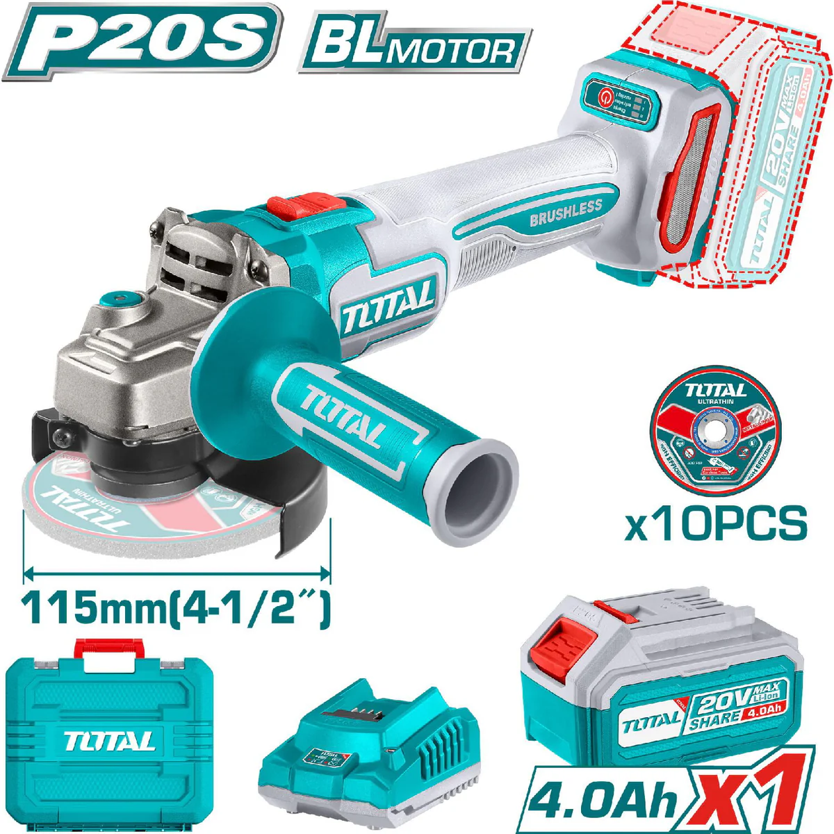 UTAGLI211541 Pulidora inalámbrica 20V 4-1/2" Brushless kit 1 batería 4A