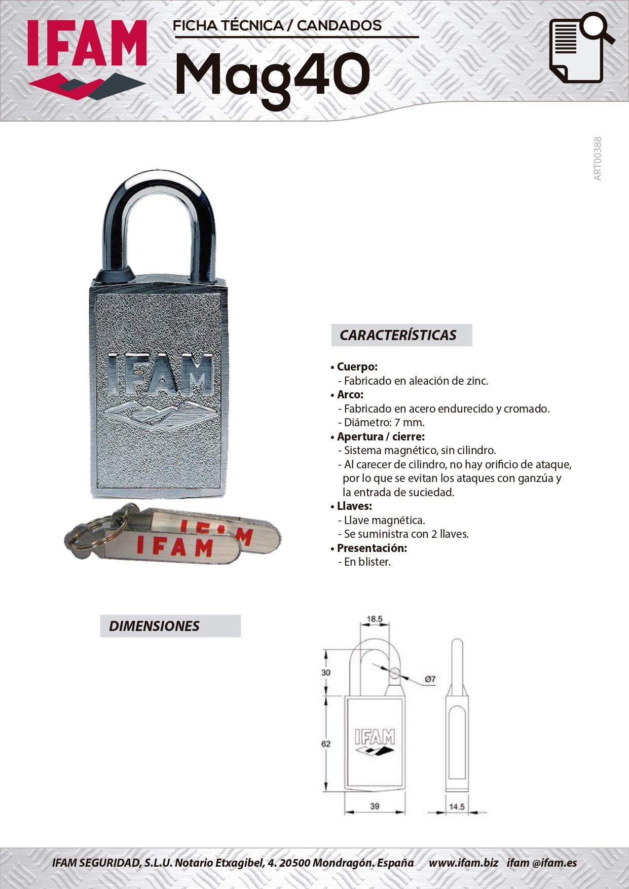 000650 Candado de llave magnética 39 mm MAG40