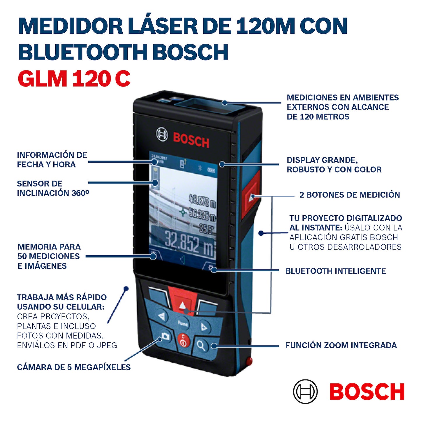 Medidor Láser Bosch GLM 120 C alcance 120m con Bluetooth