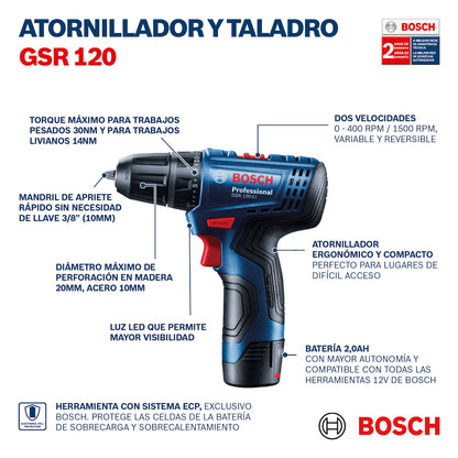Taladro atornillador Bosch GSR 120-LI 2 bat, maletín y accesorios