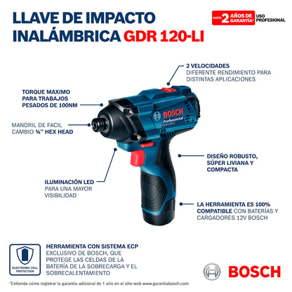 Kit Bosch atornillador + llave impacto + 2bat 2.0ah, maletín y 23acc