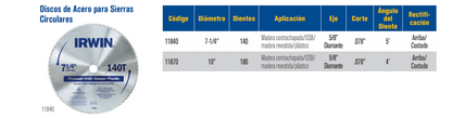 11840 Sierra circular de acero 7-1/4" 140 dientes, eje 5/8", corte 0.078"
