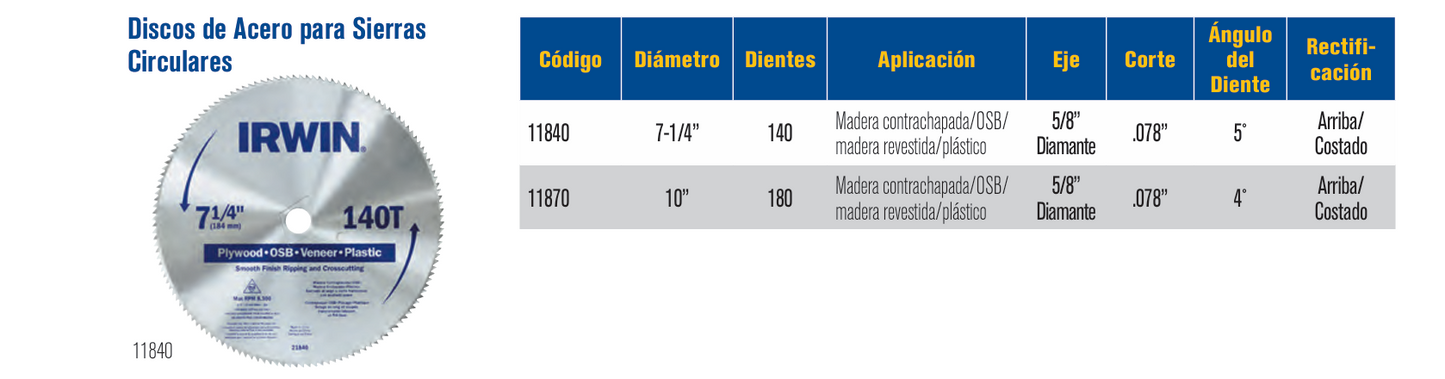 11870 Sierra circular de acero 10" 180 dientes, eje 5/8", corte 0.078"