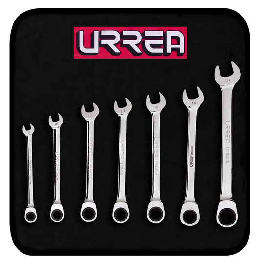 1200MCM Juego de llaves combinadas con ratchet pulido espejo 7 piezas 8 a 18 mm, uso pesado, Urrea