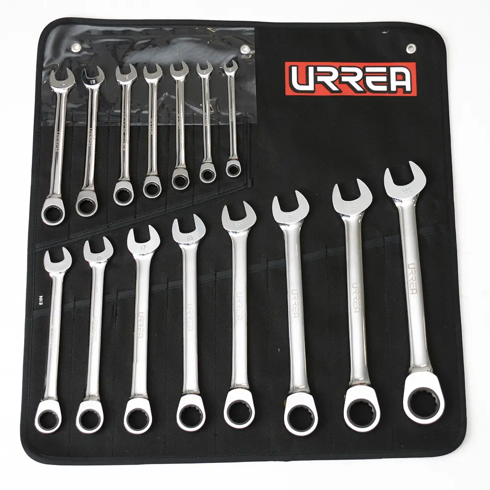 1201CM Juego de llaves combinadas con ratchet pulido espejo 12 piezas 1/4" a 15/16", uso pesado, Urrea