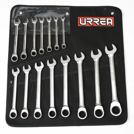 1201CM Juego de llaves combinadas con ratchet pulido espejo 12 piezas 1/4" a 15/16", uso pesado, Urrea