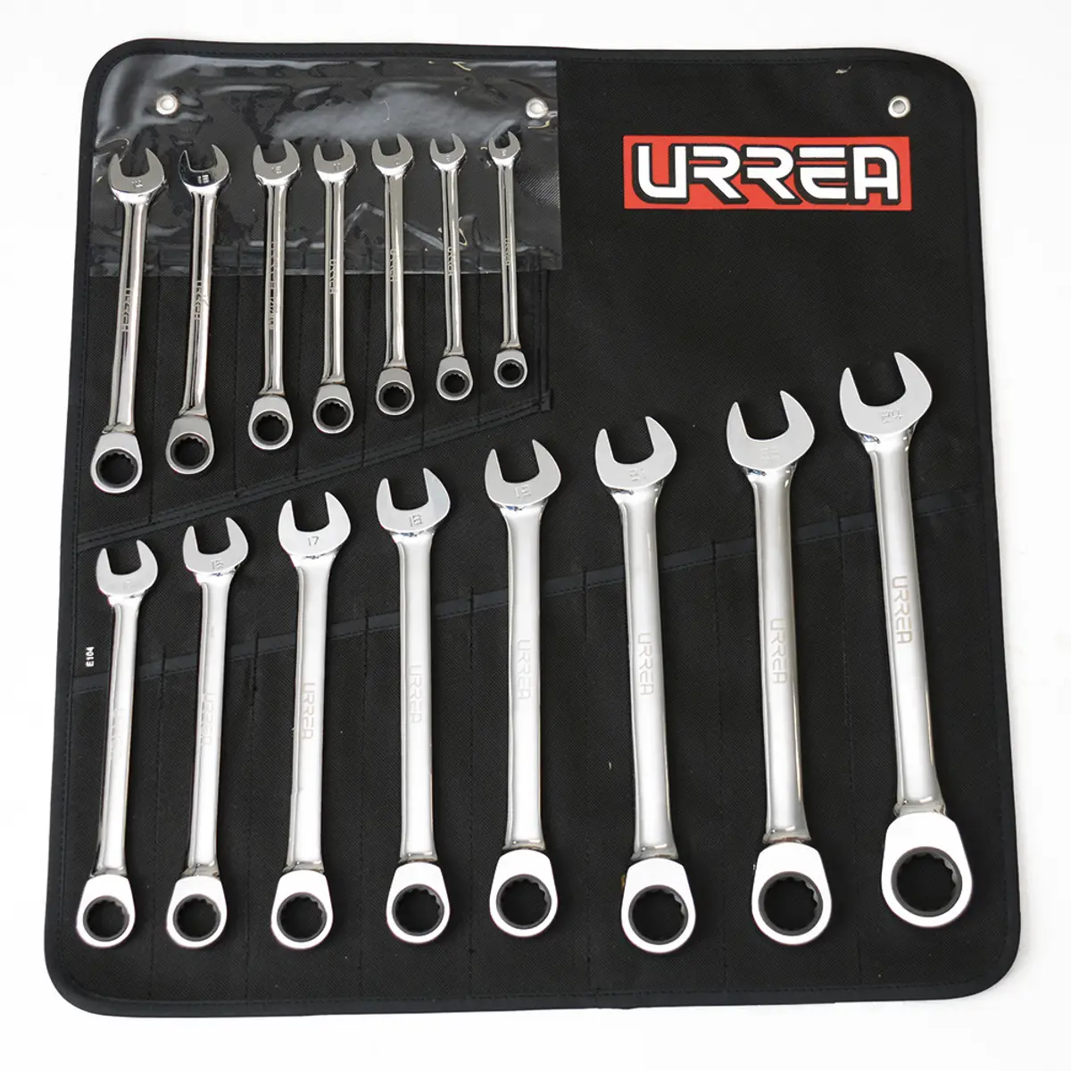 1201MCM Juego de llaves combinadas con ratchet pulido espejo 15 piezas 8 a 24 mm, uso pesado, Urrea