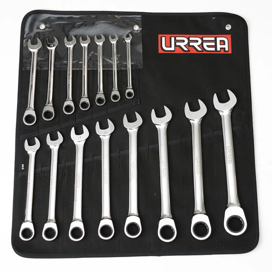 1201MCM Juego de llaves combinadas con ratchet pulido espejo 15 piezas 8 a 24 mm, uso pesado, Urrea