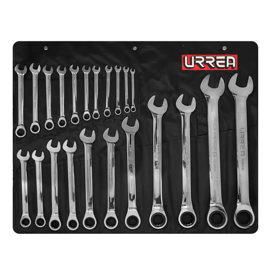 1202MCM Juego de llaves combinadas con ratchet pulido espejo 22 piezas 8 a 36 mm, uso pesado, Urrea