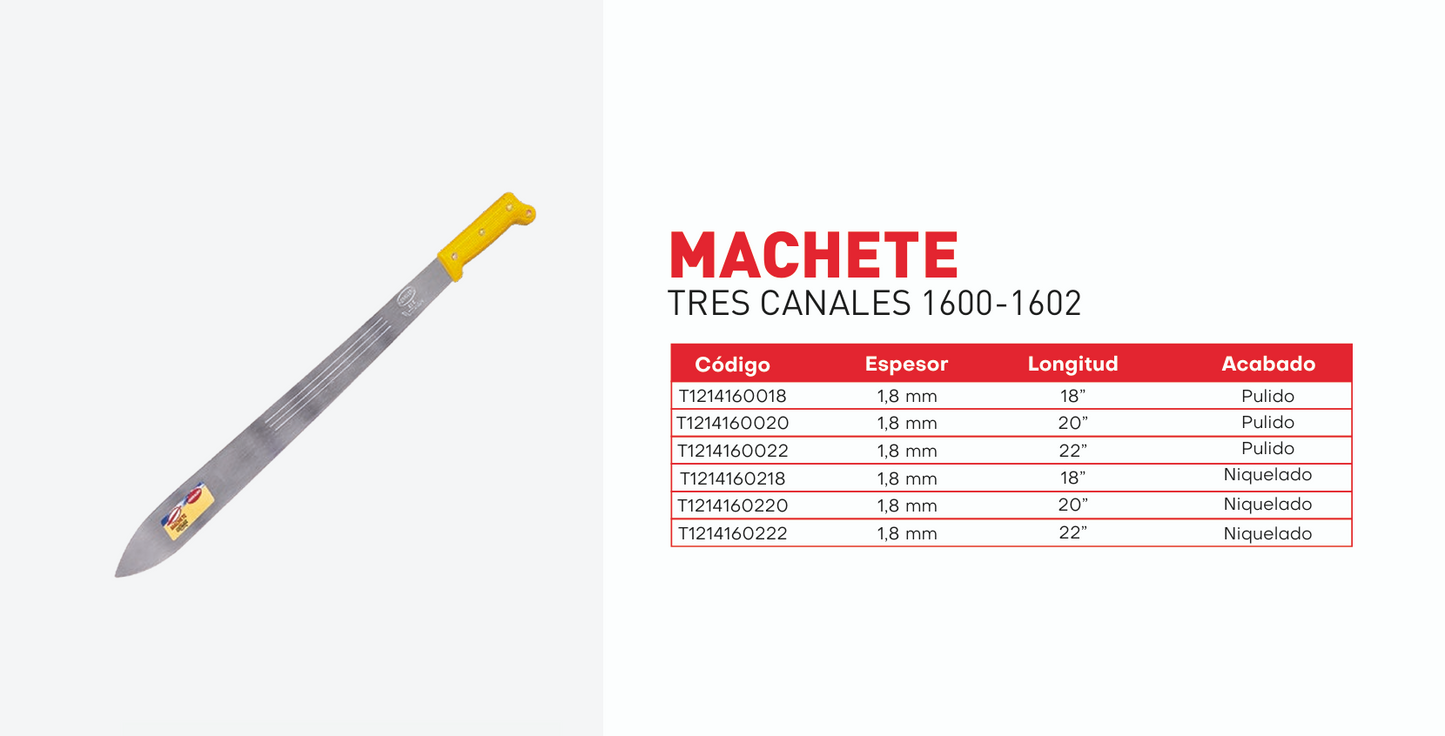 Machete tres canales 1602 18" niquelado, T1214160218 Herragro