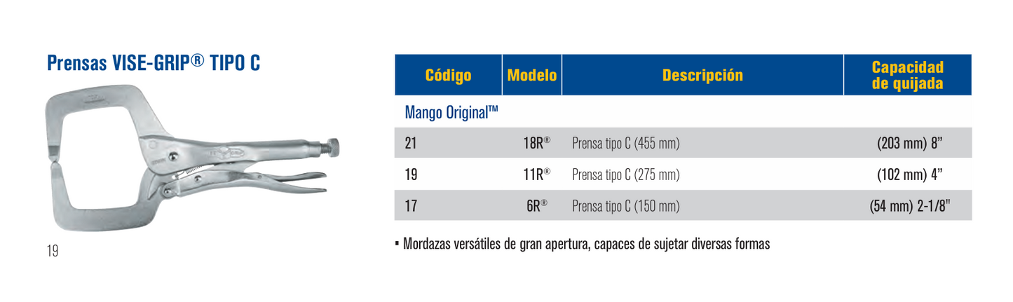 21 Alicate de presión hombresolo 18R, prensa Tipo C Vise-Grip Irwin