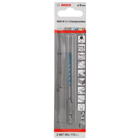 Broca Multimaterial encastre Hexagonal HEX-9 multiconstrucción Ø3 x 45 x 90 mm