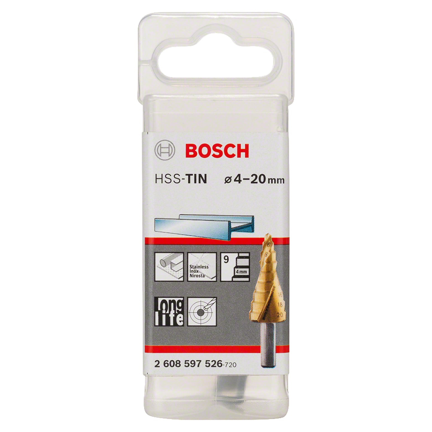 Broca escalonada para Metal Bosch Acero Rápido con Titanio HSS-TiN 4,0-20,0mm 9 diametros