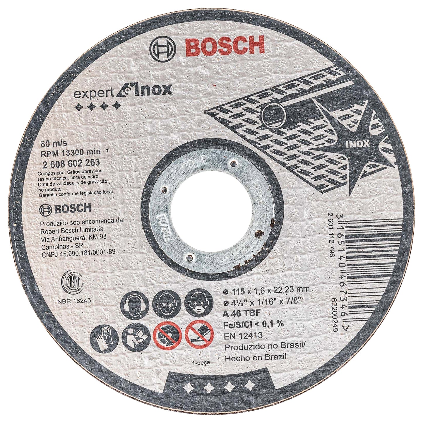 Disco de Corte Bosch Expert for Inox 115x1,6mm Centro Recto