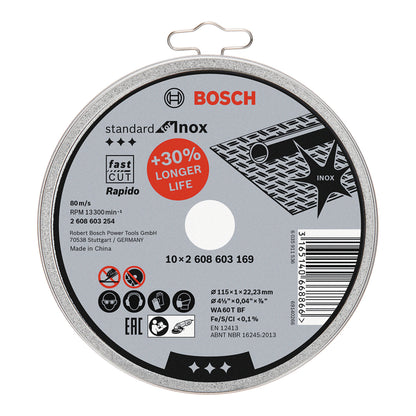 Caja con 10 Discos de Corte Bosch Standard for Inox 115x1mm