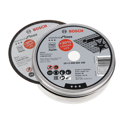 Caja con 10 Discos de Corte Bosch Standard for Inox 115x1mm