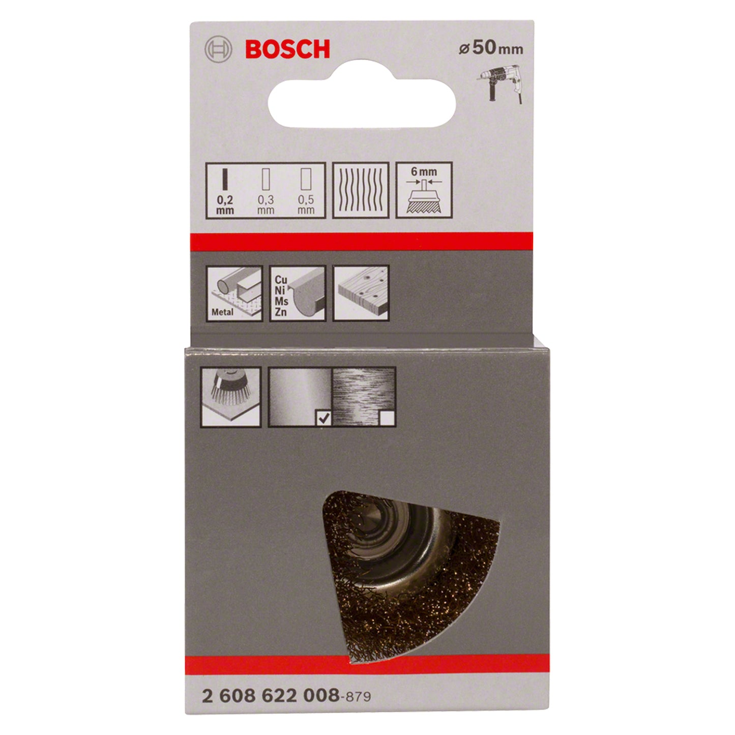 Cepillo de Acero Bosch copa para taladro alambre ondulado resvestido de latón 50mm