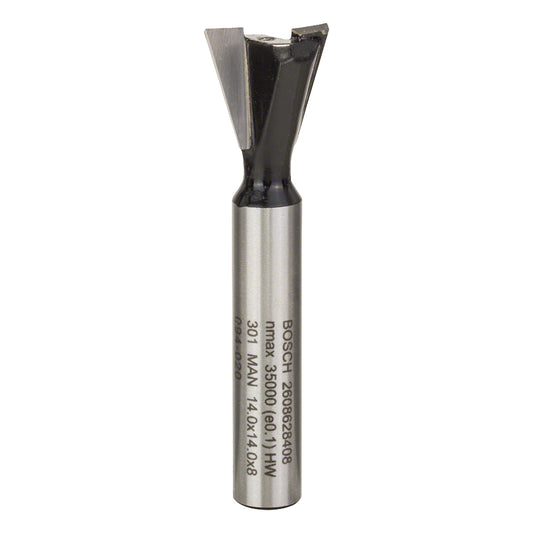 Fresa Bosch para colas de milano 8 mm, D1 14 mm, L 14 mm, G 55 mm, 15°