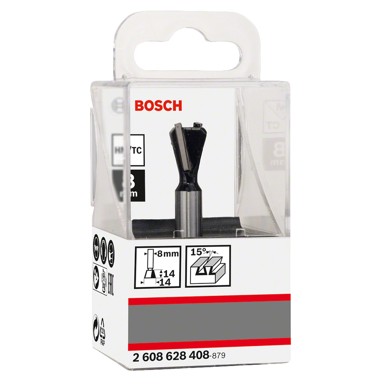 Fresa Bosch para colas de milano 8 mm, D1 14 mm, L 14 mm, G 55 mm, 15°