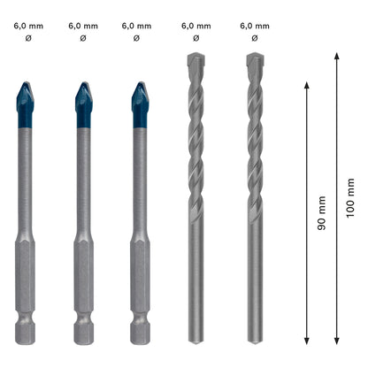 3 Brocas Bosch EXPERT HEX-9 Multiconstruction 6x90mm + 3 Brocas CYL-3 6mm