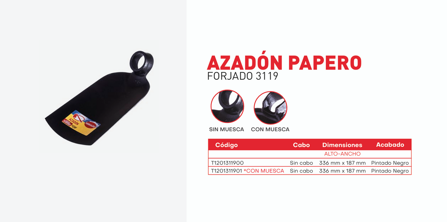 Azadon forjado 3119 papero angosto sin cabo, T1201311900 Herragro