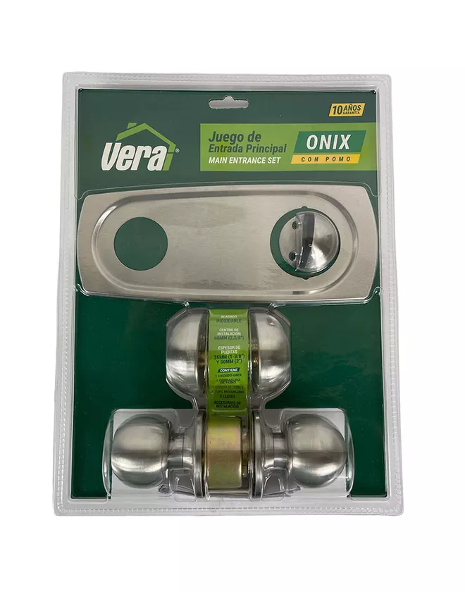 34712 Juego de cerradura auxiliar y pomo acero + escudo y tope puerta inox Onix Vera