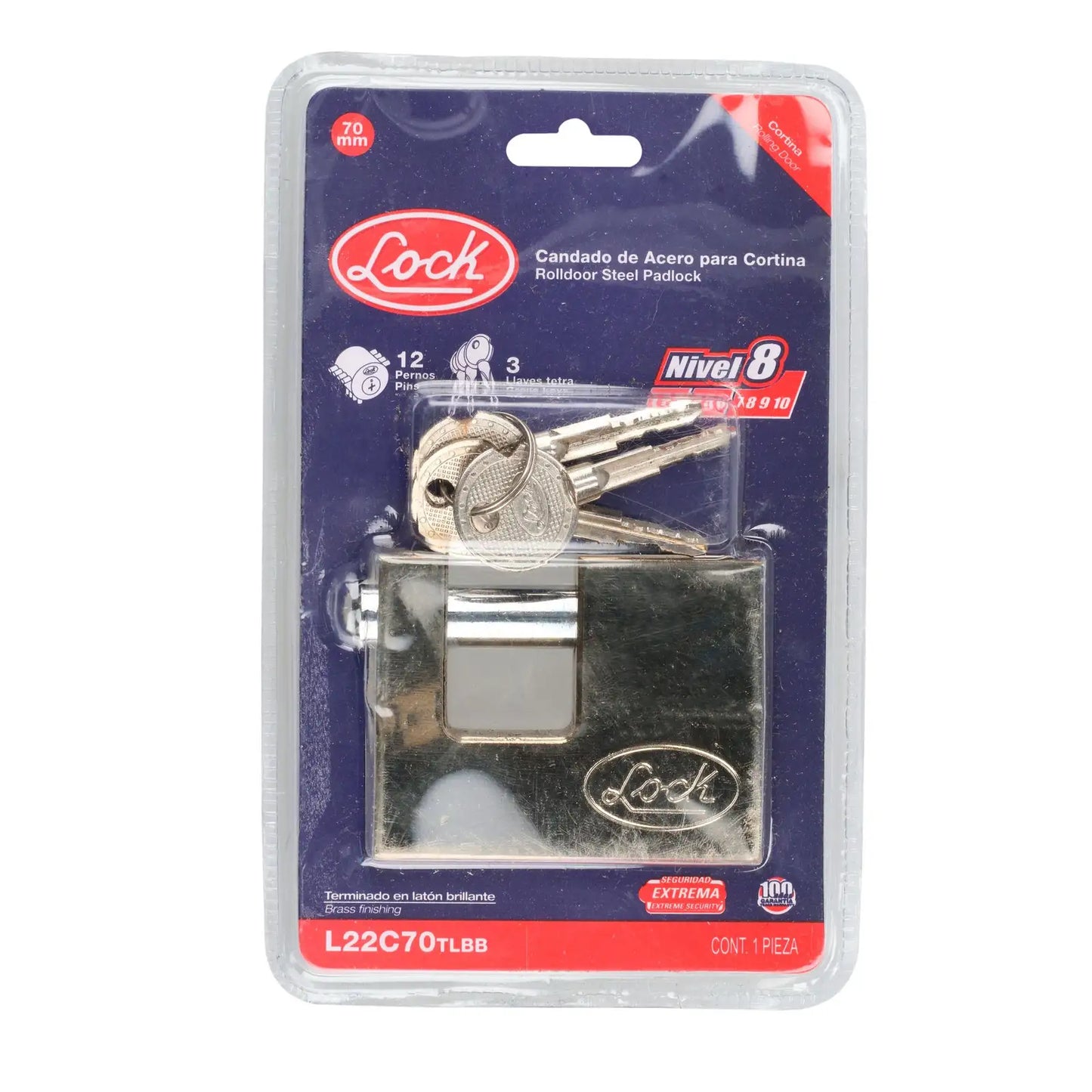 L22C70TLBB Candado de acero anti-cizalla  70 mm con llave tetra, latón brillante, Lock