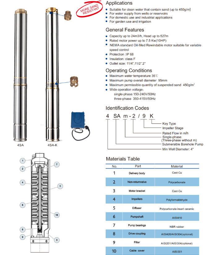 4SAM4/12-220 Bomba sumergible pozo profundo 4" 2hp 220v/60hz fase 1 aquastrong