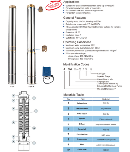 4SAM4/12-220 Bomba sumergible pozo profundo 4" 2hp 220v/60hz fase 1 aquastrong