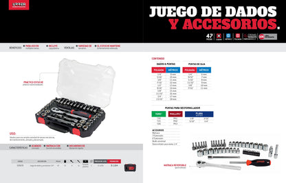 5201CD Juego de copas y accesorios cuadrante 3/8" mixto 47 piezas