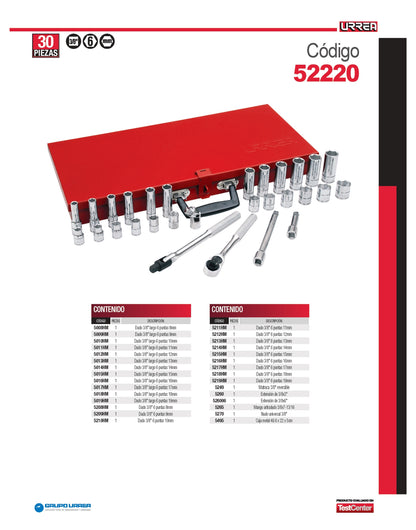 52220 Juego de copas y accesorios cuadrante 3/8" métrico 30 piezas