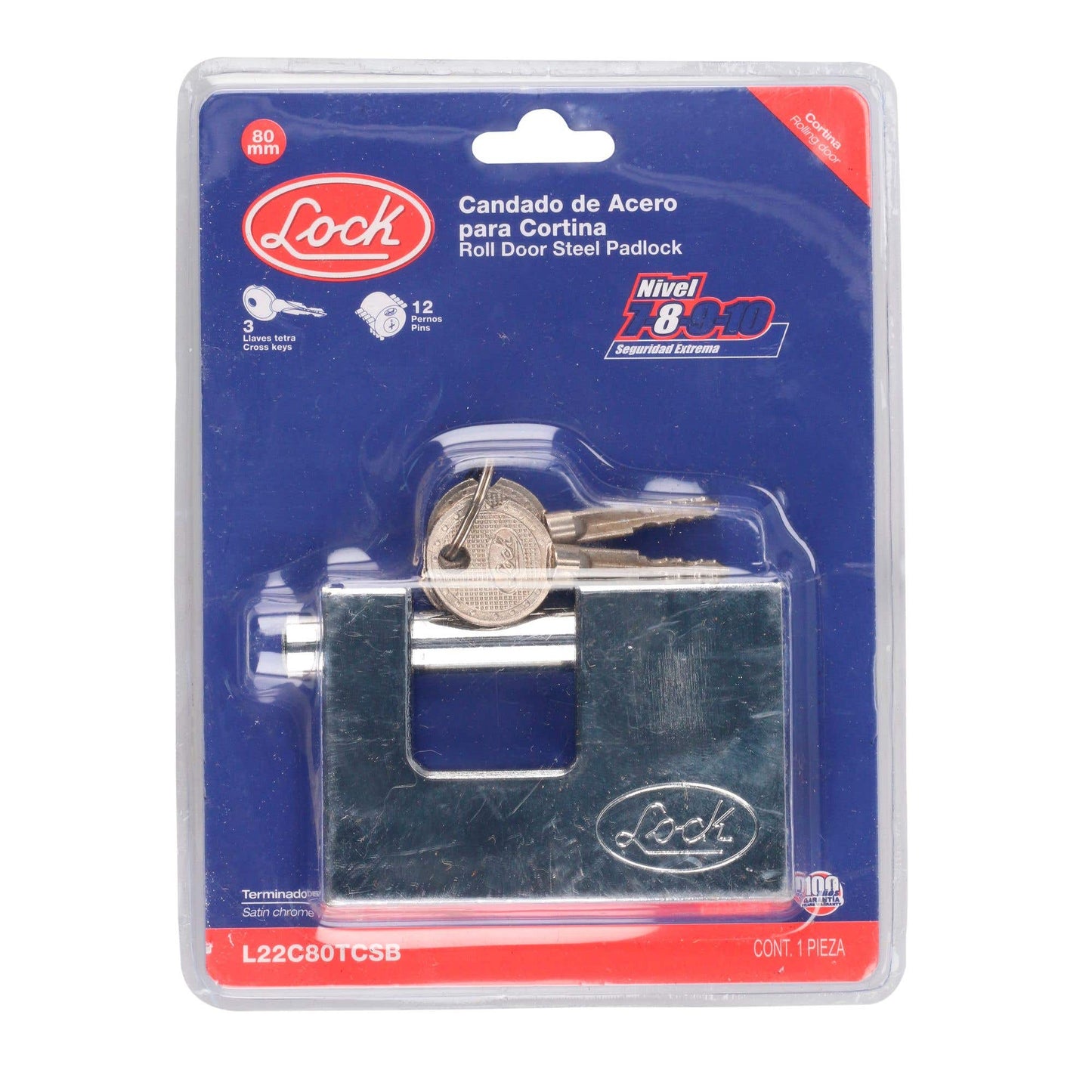 L22C80TCSB Candado de acero anti-cizalla 80 mm con llave tetra, cromo satinado, Lock