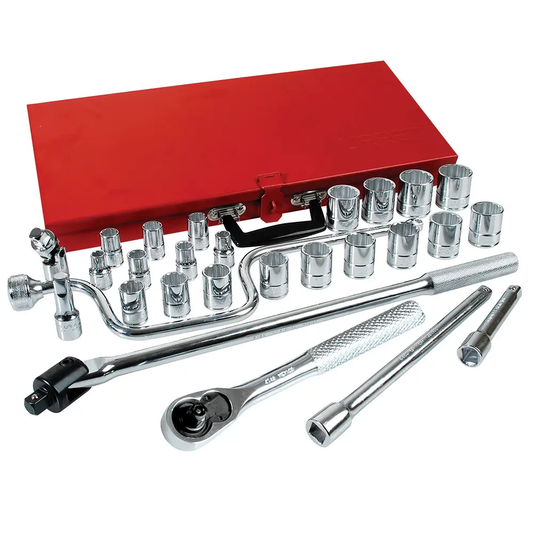 54124 Juego de copas y accesorios cuadrante 1/2" 28 piezas 3/8" a 1-1/4", uso pesado, Urrea