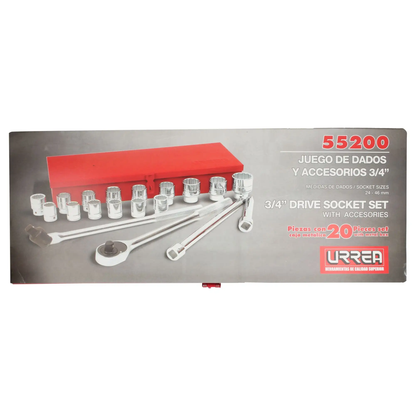 55200 Juego de copas y accesorios cuadrante 3/4" 20 piezas 24 a 46 mm, uso pesado, Urrea